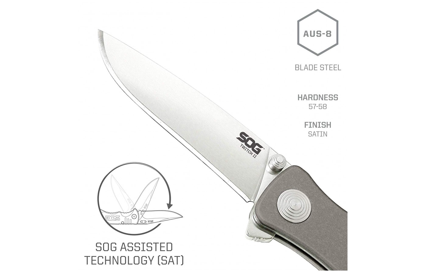It also uses the branded SOG Assisted Technology, also known as the S.A.T. which helps the knife open. 