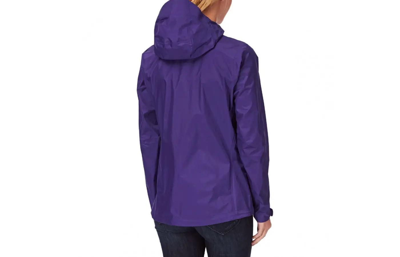 The jacket has an adjustable hood and wrists.
